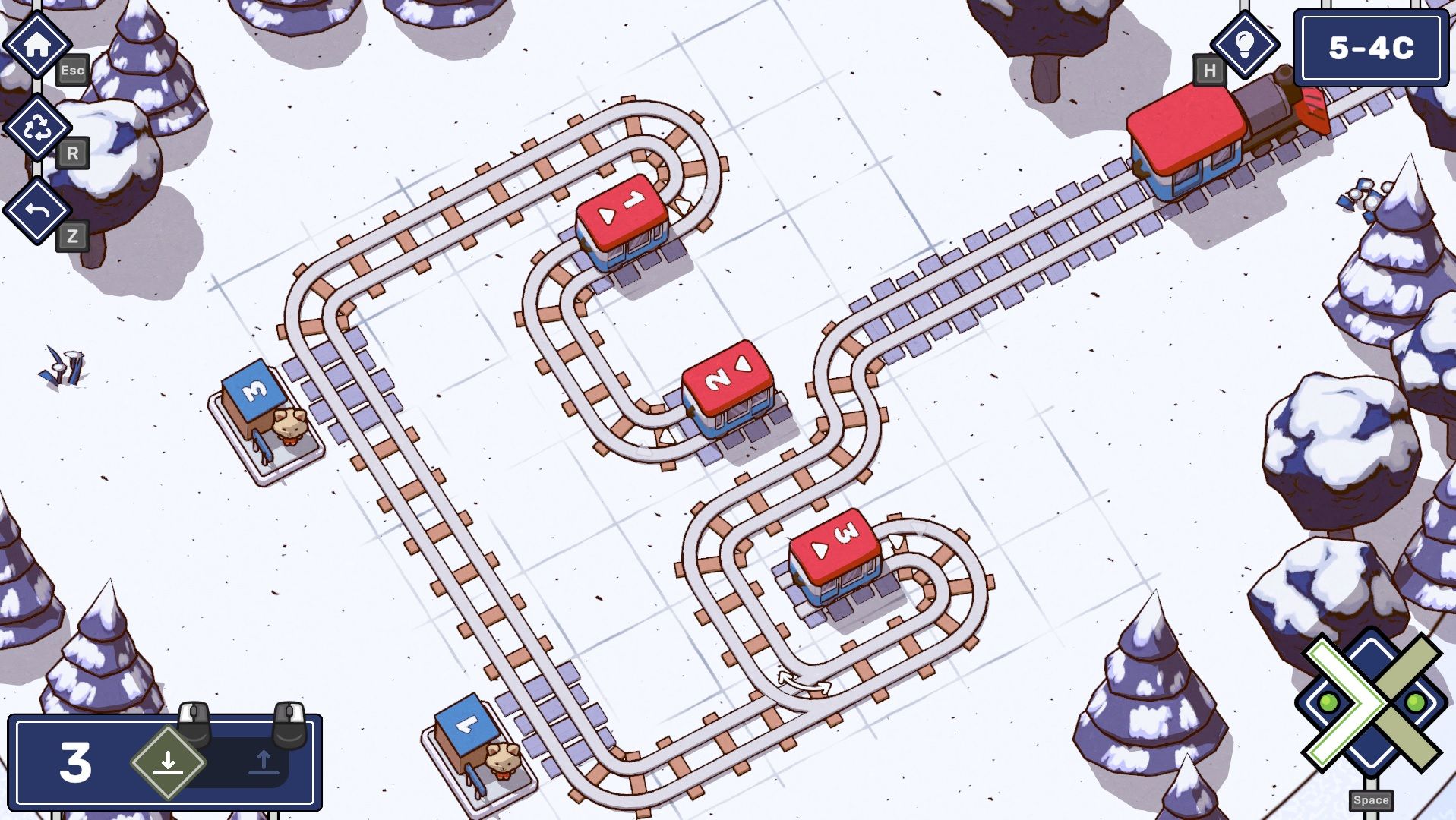 Image d'un niveau du jeu Railbound avec ses mignons petits wagons.