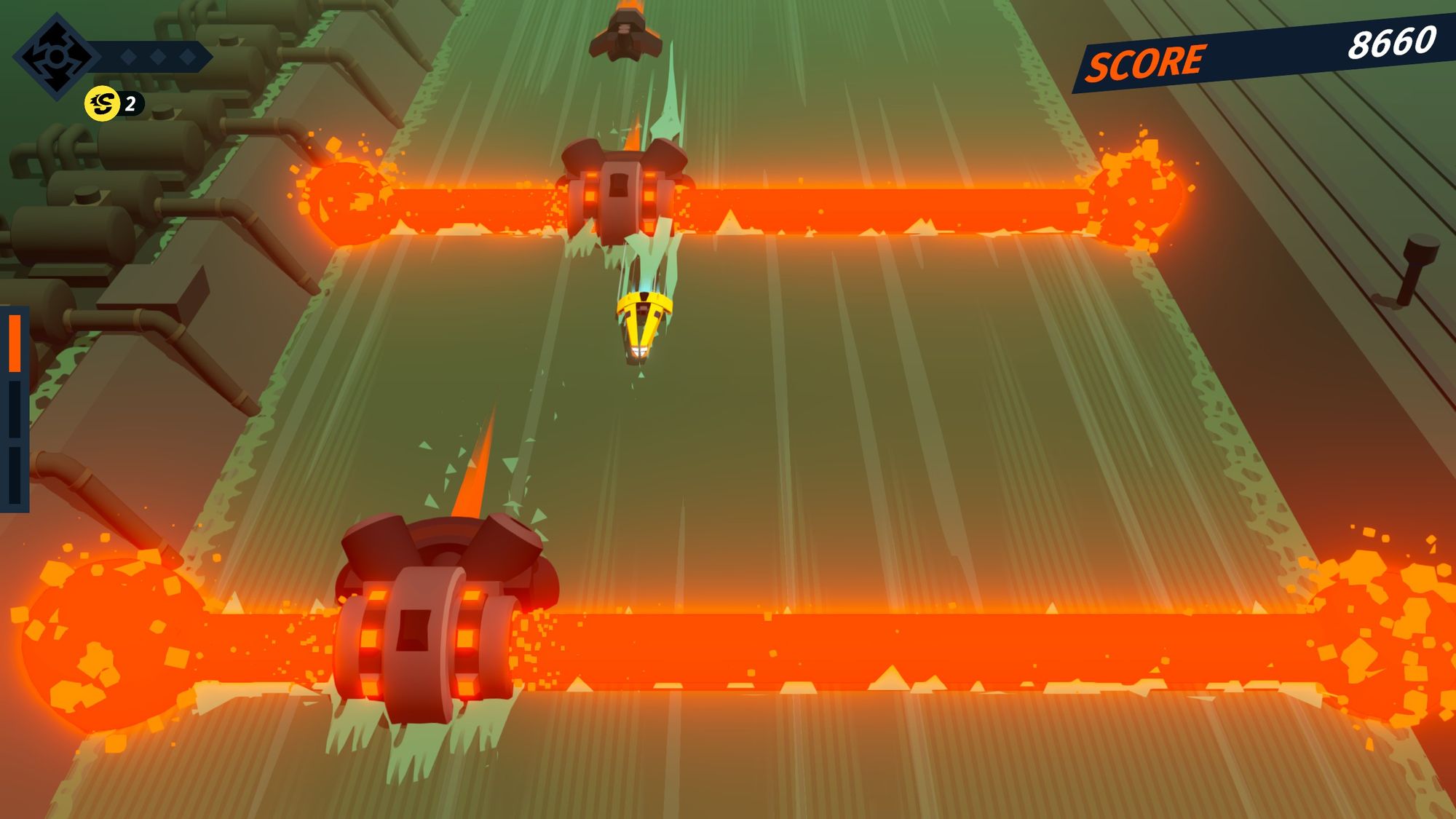 Image de deux robots en train de cracher de la lave sur toute la surface d'un niveau dans Swordship
