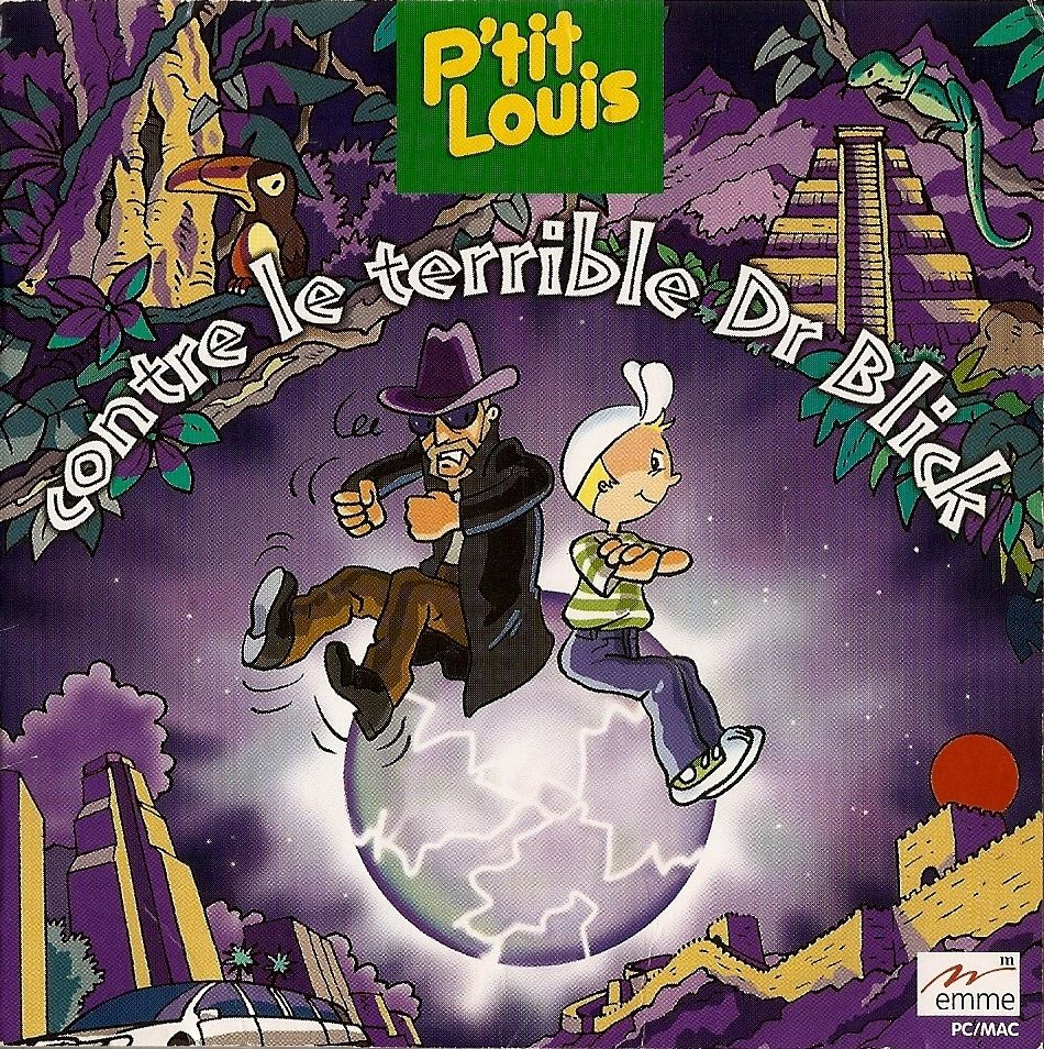 Couverture du jeu P'tit Louis contre le terrible Dr Blick, ou deux personnages sont assis sur une sphère électrique