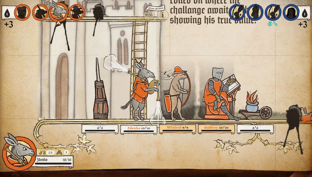 Screenshot de Inkulinato, avec divers personages d'enluminures en file indienne : un âne, un chien, un chevalier, un pot en flammes