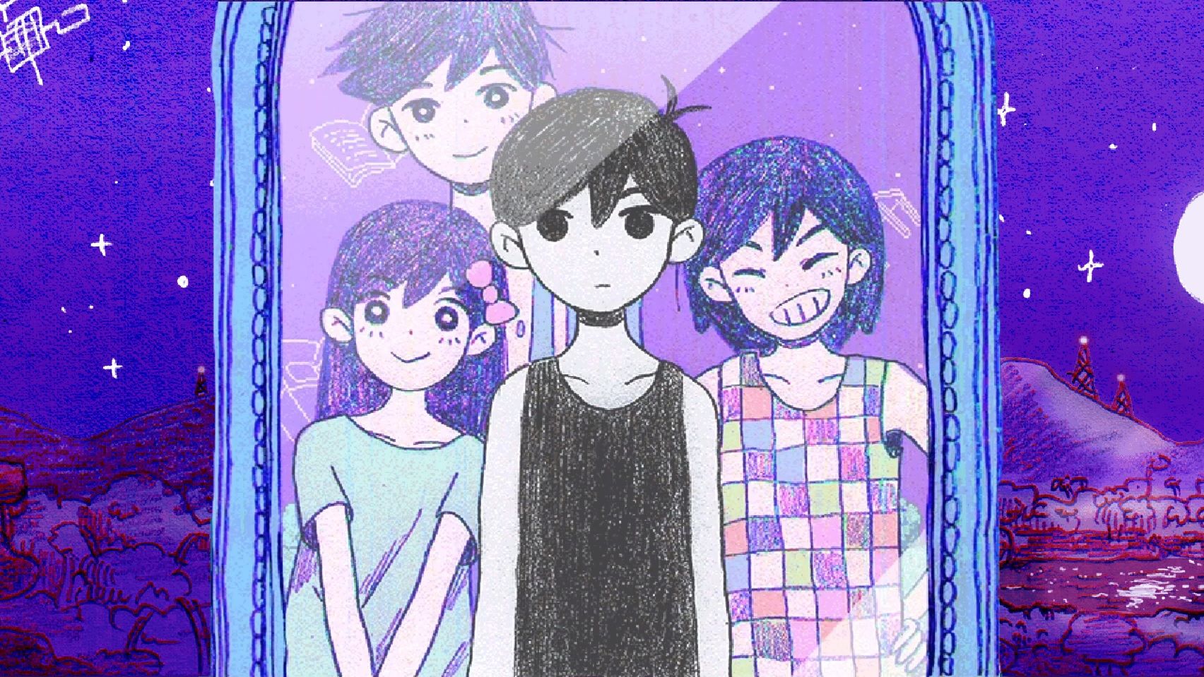 Illustration du jeu Omori : les quatre héros sont devant un miroir, dans un style crayonné