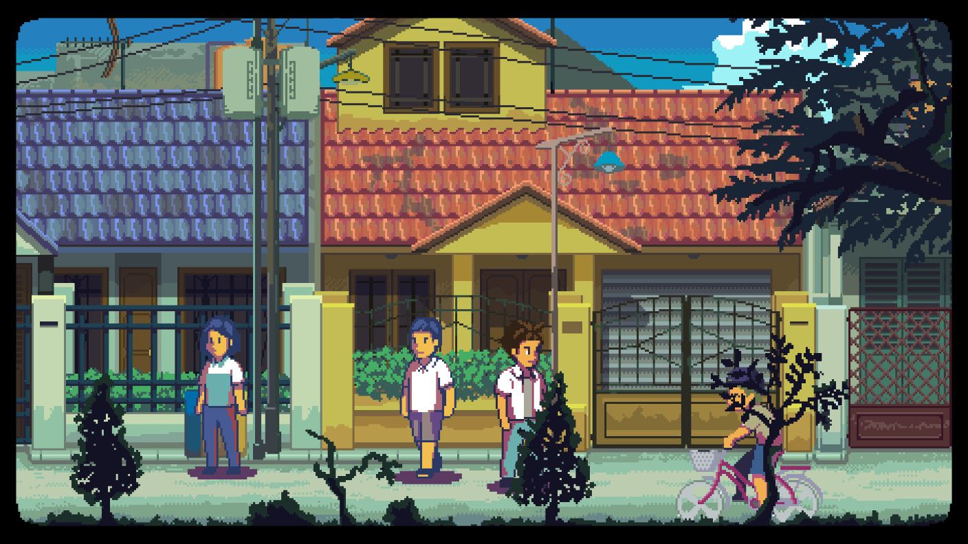 Vue en pixel art d'une rue indonésienne dans le jeu A space for the unbound