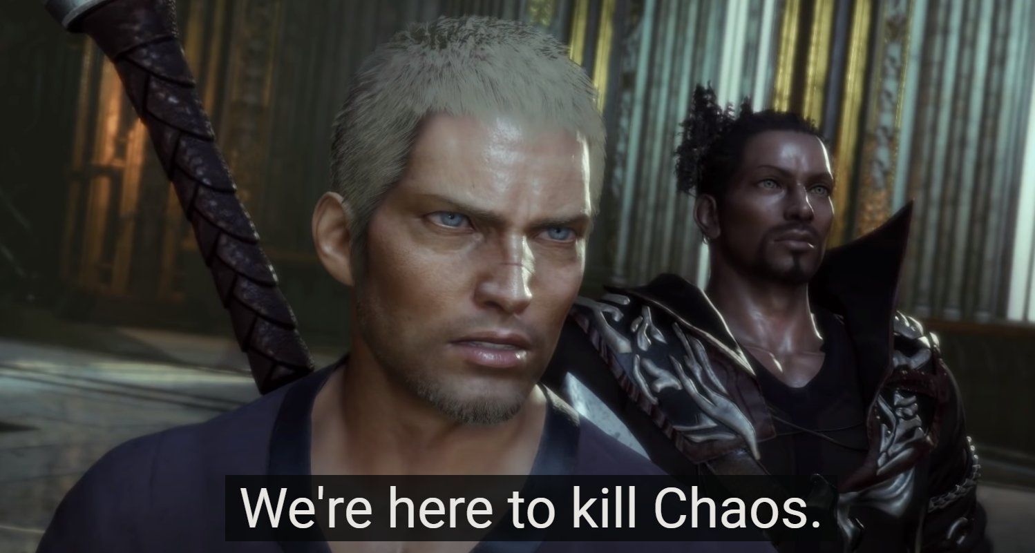 Deux personnages de Final Fantasy Origins en train de dire "nous sommes venus tuer Chaos"