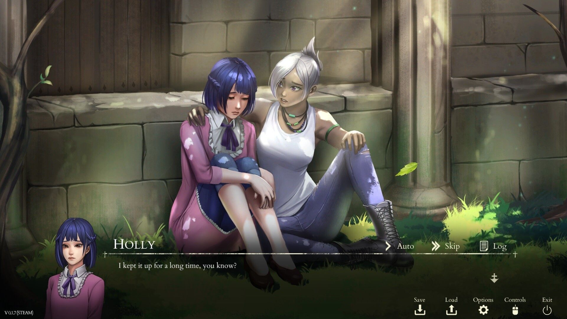 Deux personnages du jeu vidéo Saint Maker. L'une est une jeune fille triste, l'autre une jeune fille en train de la réconforter, avec un air inquiet.