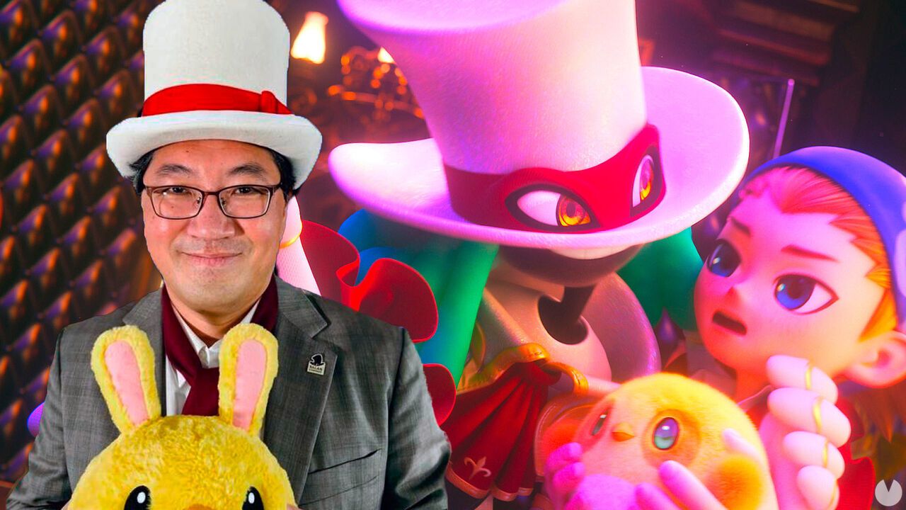 L'infâme Yuji Naka avec un chapeau moche de Balan Wonderland, devant un screenshot moche de Balan Wonderland