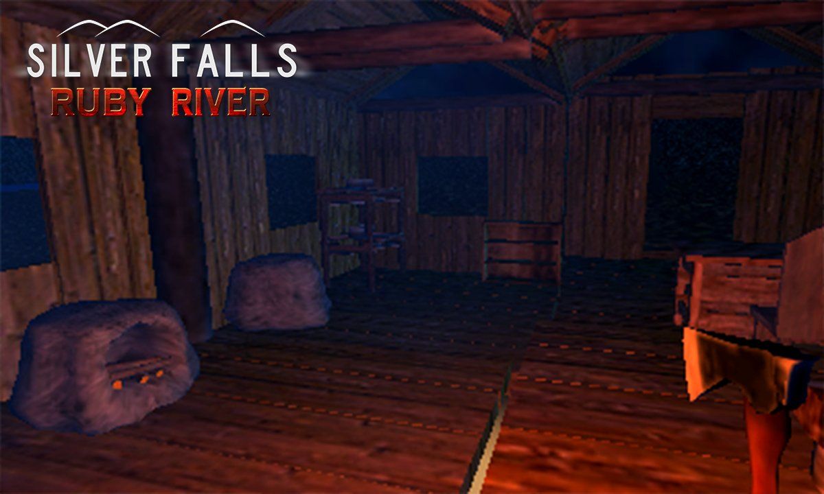 Capure d'écran de Silver Falls Ruby River, c'est un FPS ou le personnage tient une hache dans une maison en bois vide et inquiétante