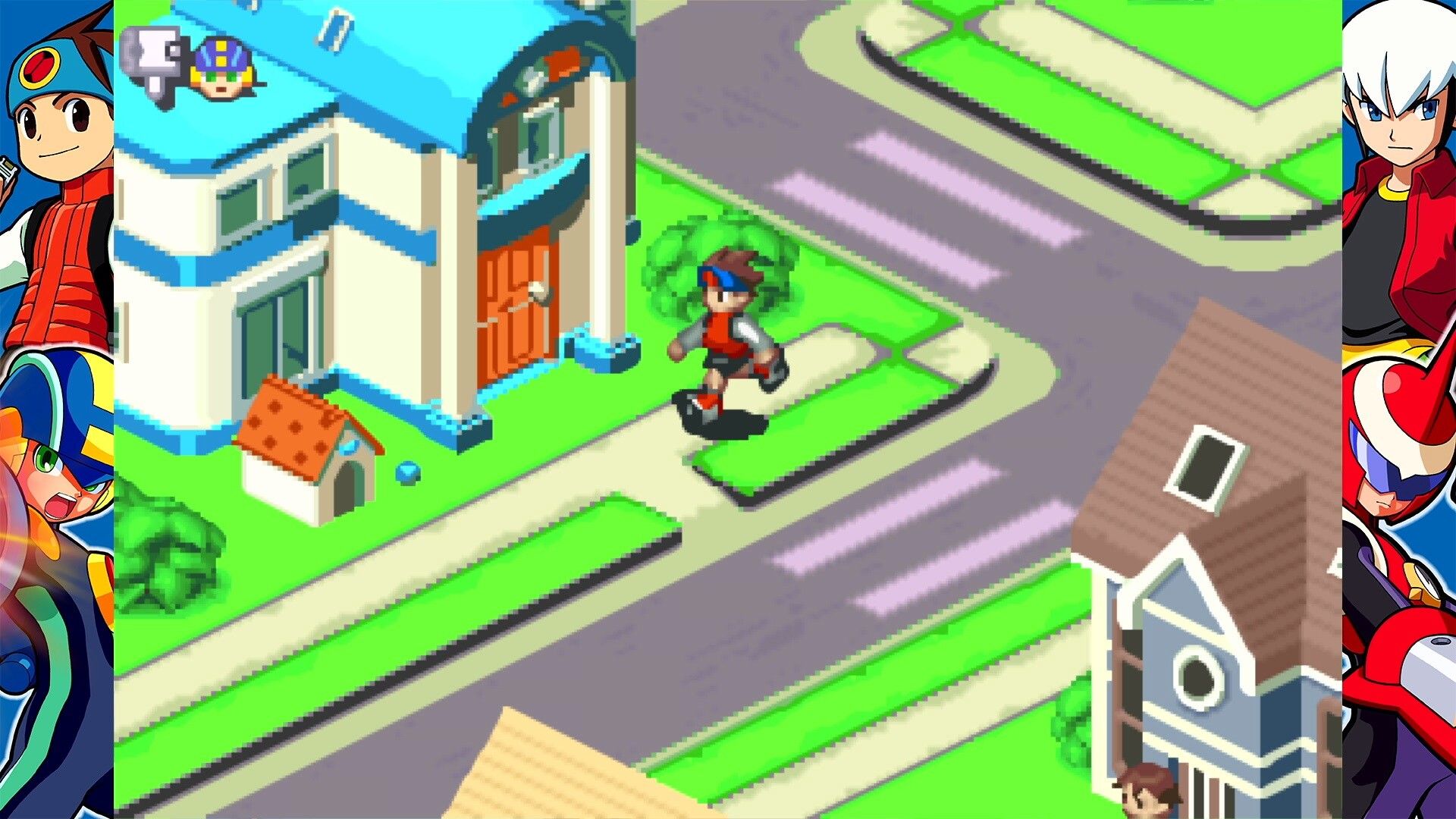 Screenshot de ville futuriste dans Mega Man Battle Network