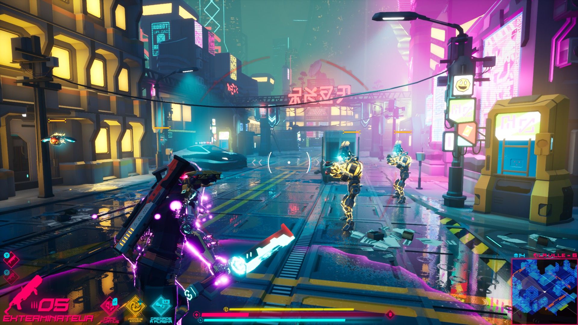 Dans une ville humide éclairée par des néons violets, votre personnage est braqué par deux robots