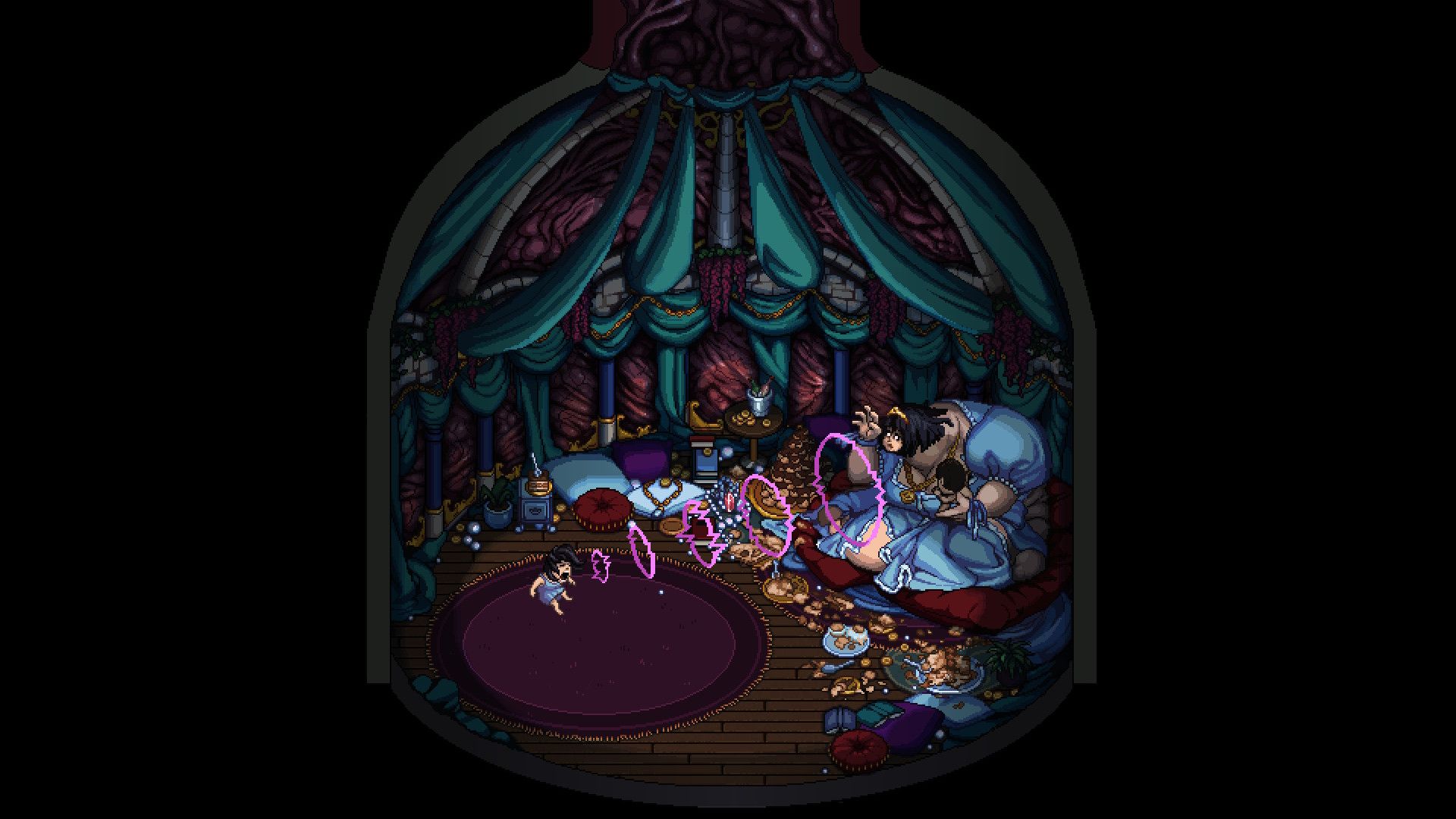 Image étrange du jeu horrifique Decarnation ou l'héroïne combat une princesse grotesque sur un canapé