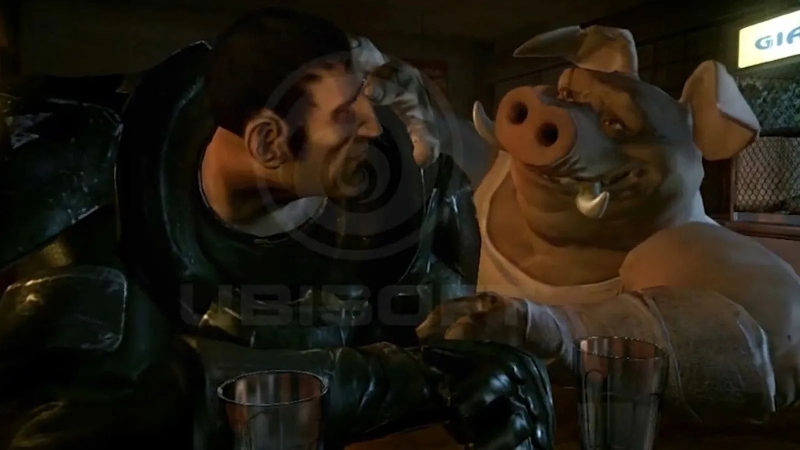 Une image de BGE 2 de 2008 ou un homme discute avec un cochon dans un bar