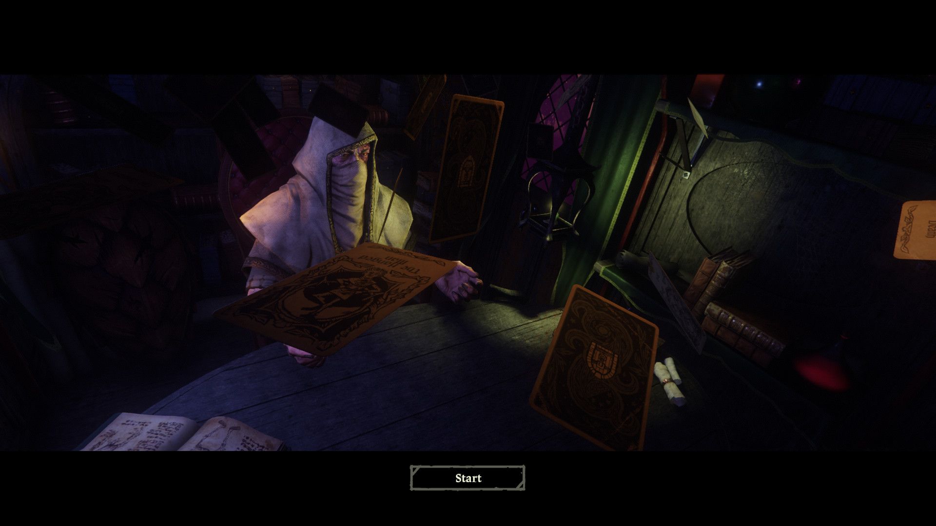 Scène pré-lancement de jeu, où le Maître de Jeu fait voler des cartes à travers sa carriole.
