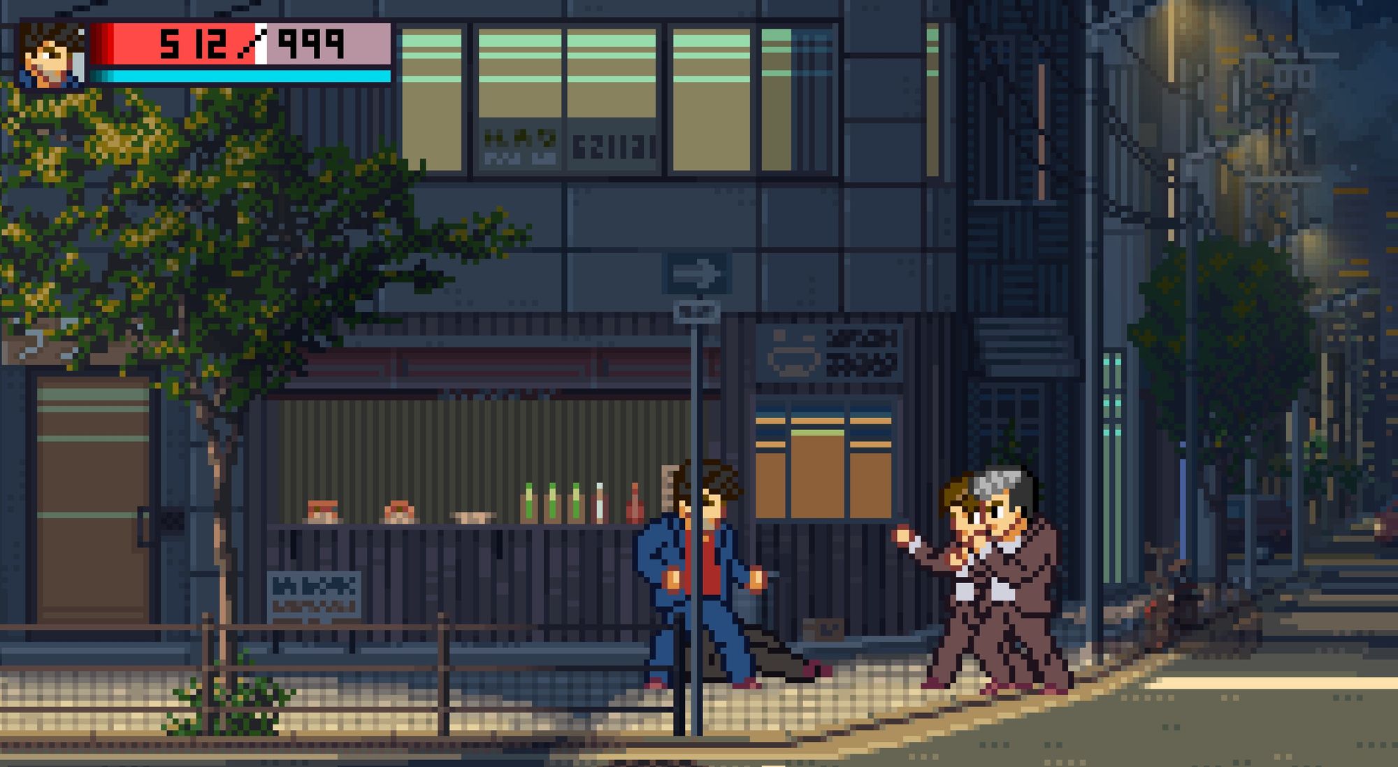 Combat de rue la nuit dans Osaka en pixel art