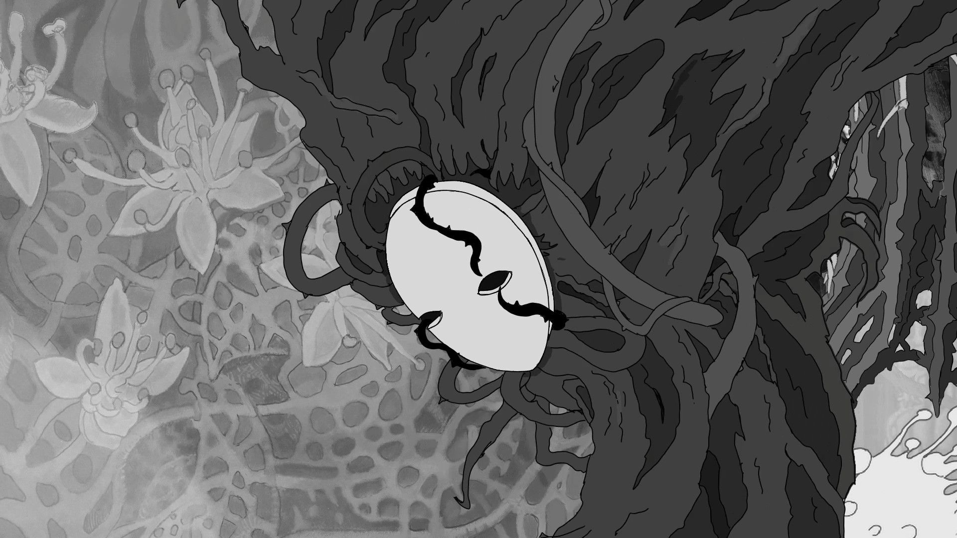 Image de Bioid avec un arbre étrange portant un masque, en noir et blanc