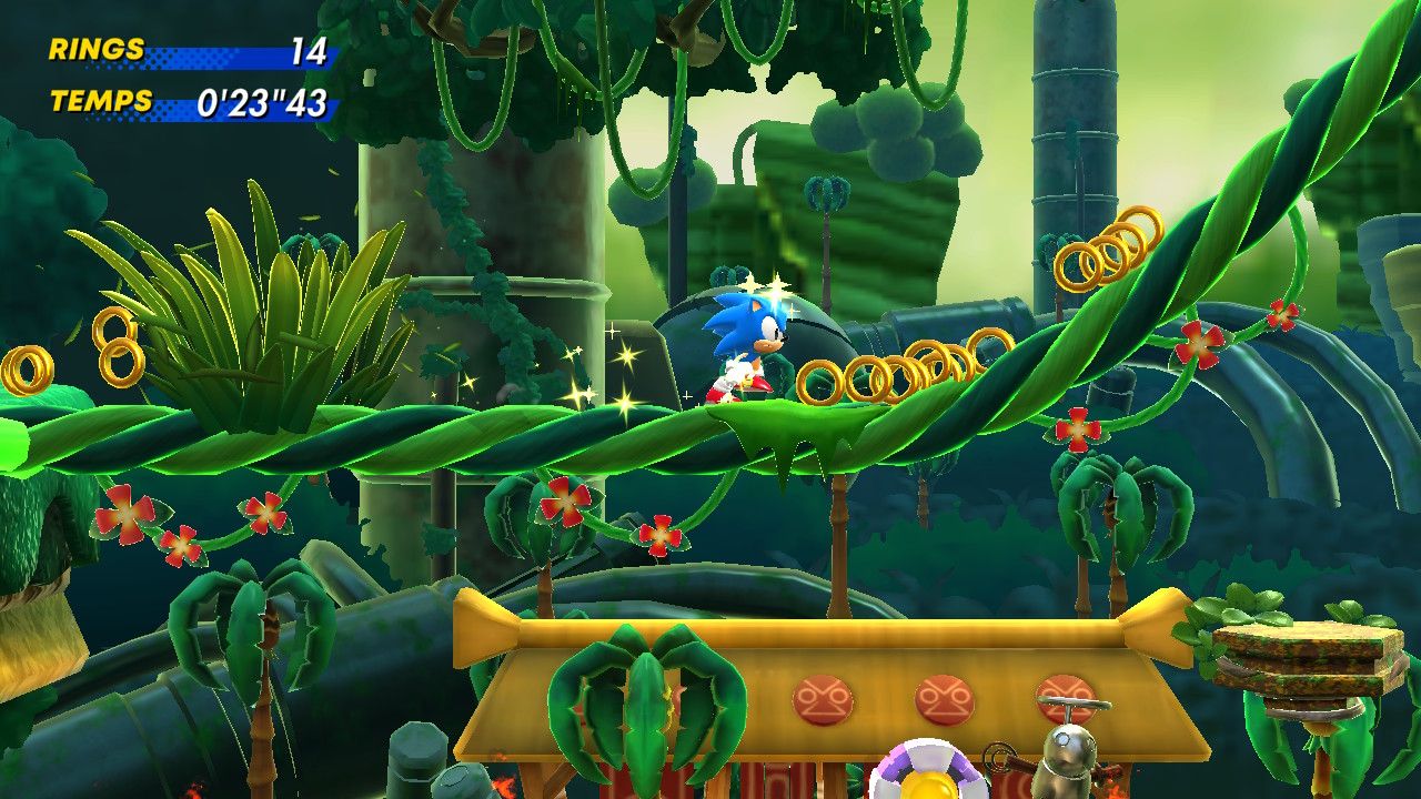 Sonic court sur une liane tapissée d'anneaux