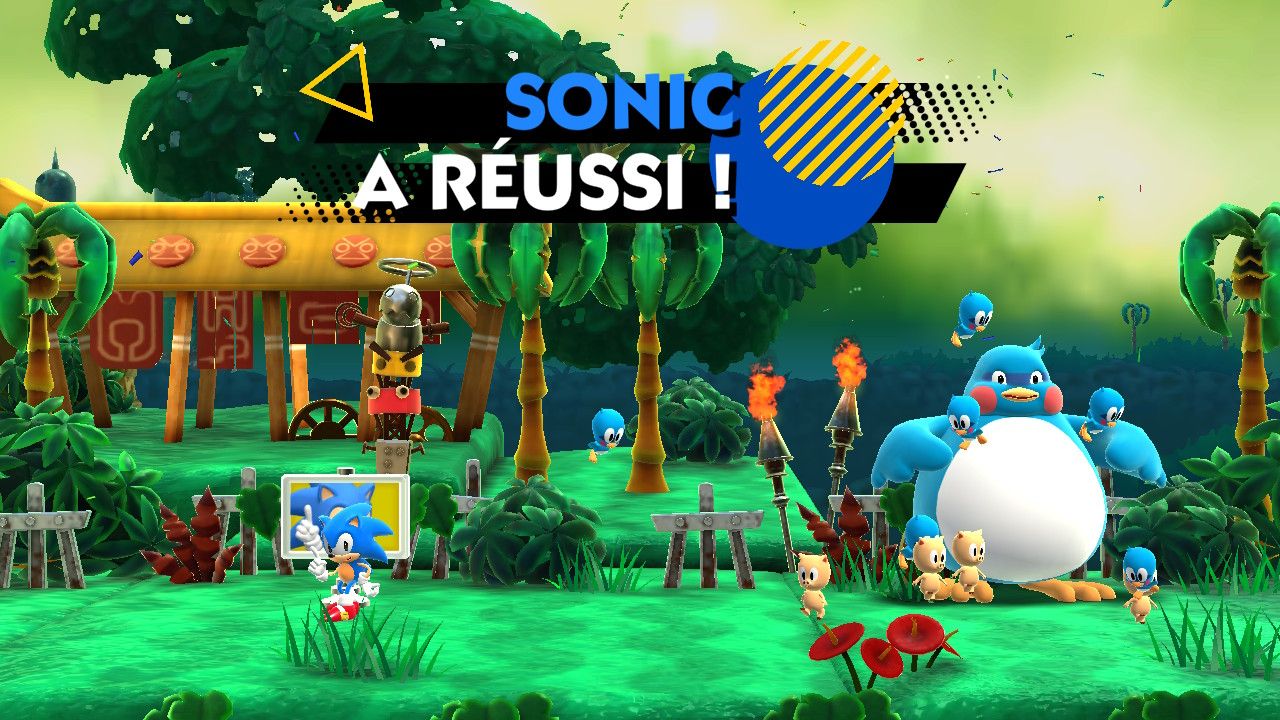 Sonic prenant la pose de la victoire, accompagné d'un gros poulet bizarre et d'un épouvantail robot