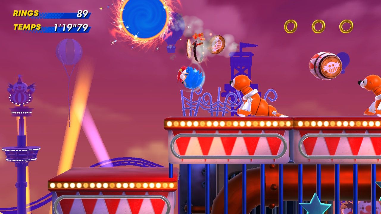 Sonic dans une fête foraine moche, ataqué par des phoques-robots