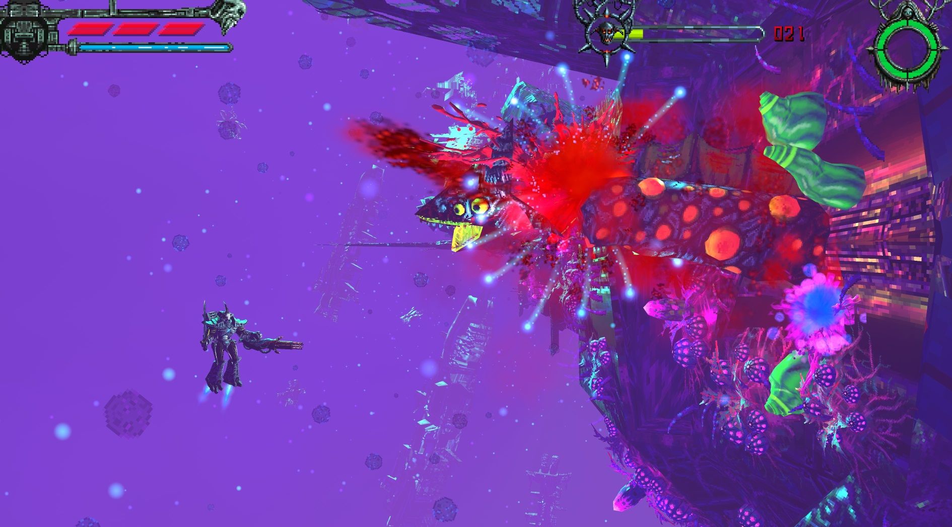 Un robot poisson dégoûtant explose dans une gerbe de sang