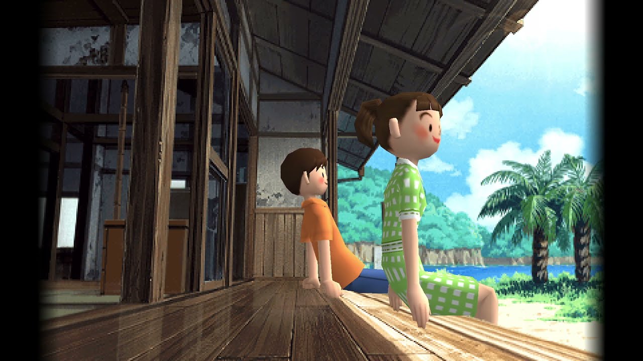 Deux personnages dans une vieille maison japonaise en low poly, au bord d'une plage