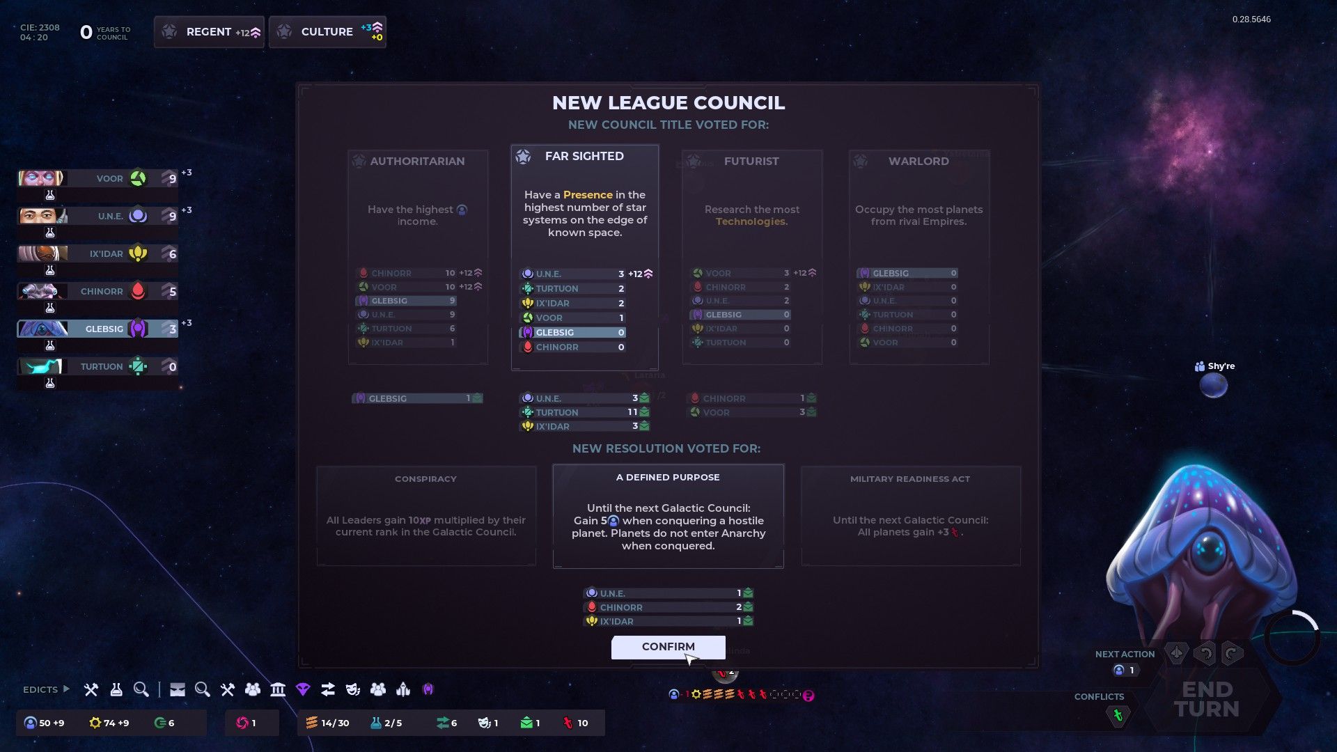 Stellaris Nexus, capture d'écran du Conseil Galactique qui a voté pour certaines mesures