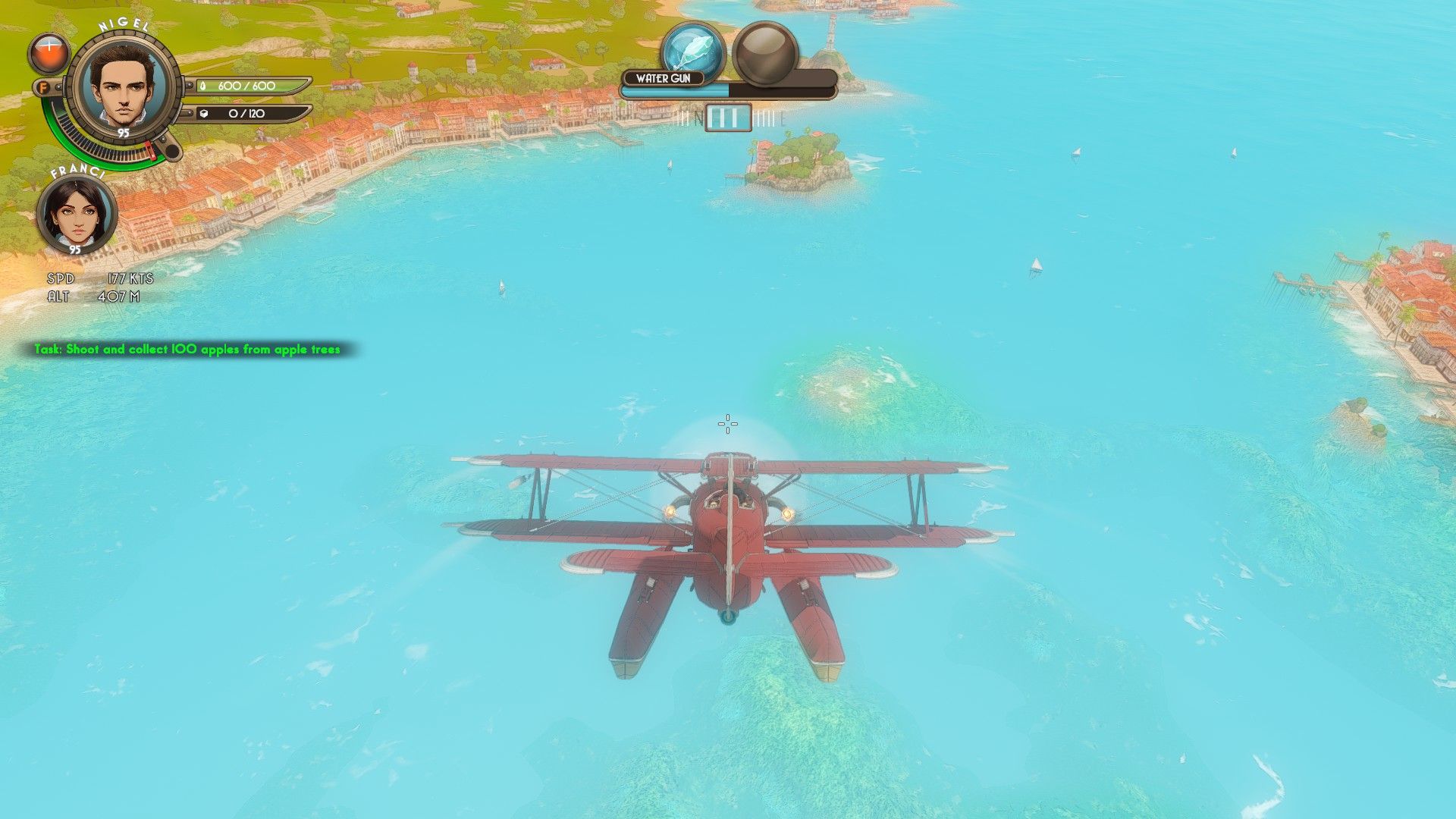The Brew Barons : capture d'écran d'un avion volant au dessus d'une île paradisiaque