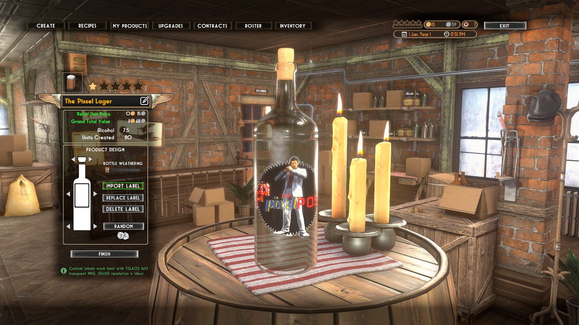 The Brew Barons : capture d'écrans d'une bouteille de bière avec une étiquettes The Pixel Post sur font de Kiryu de Yakuza