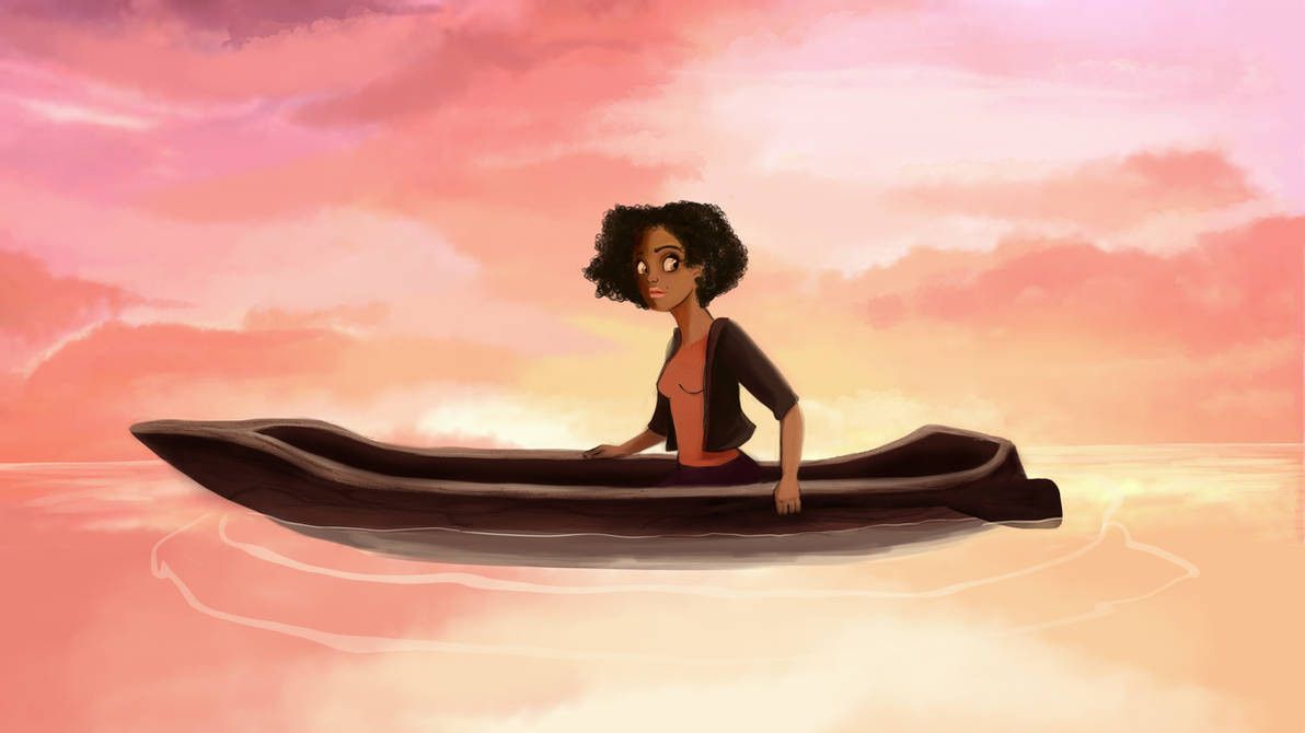 Une jeune femme dans un bateau, lui-même sur un lac