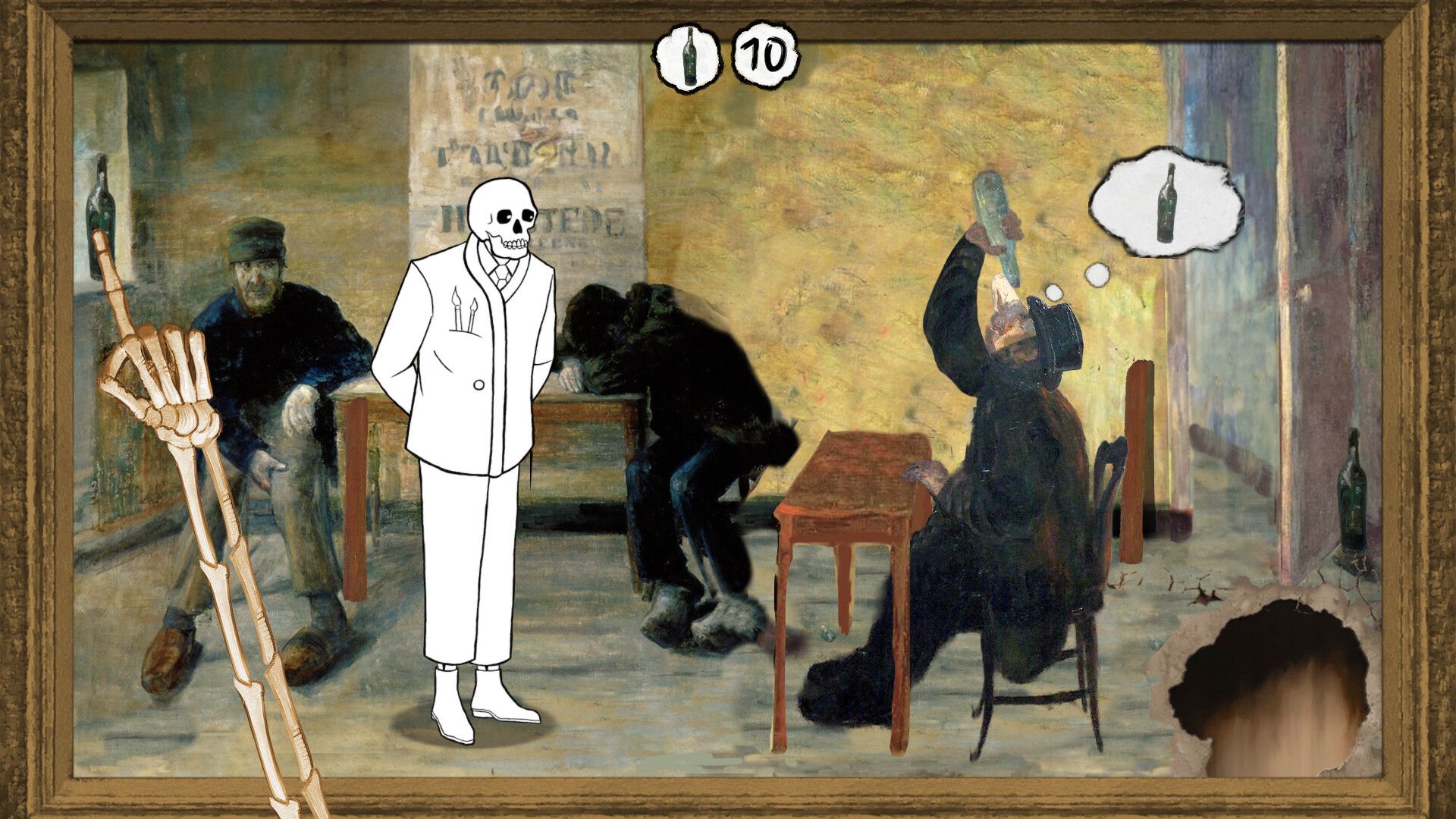 Un squelette dans un tableau regarde un homme boire de l'alcool