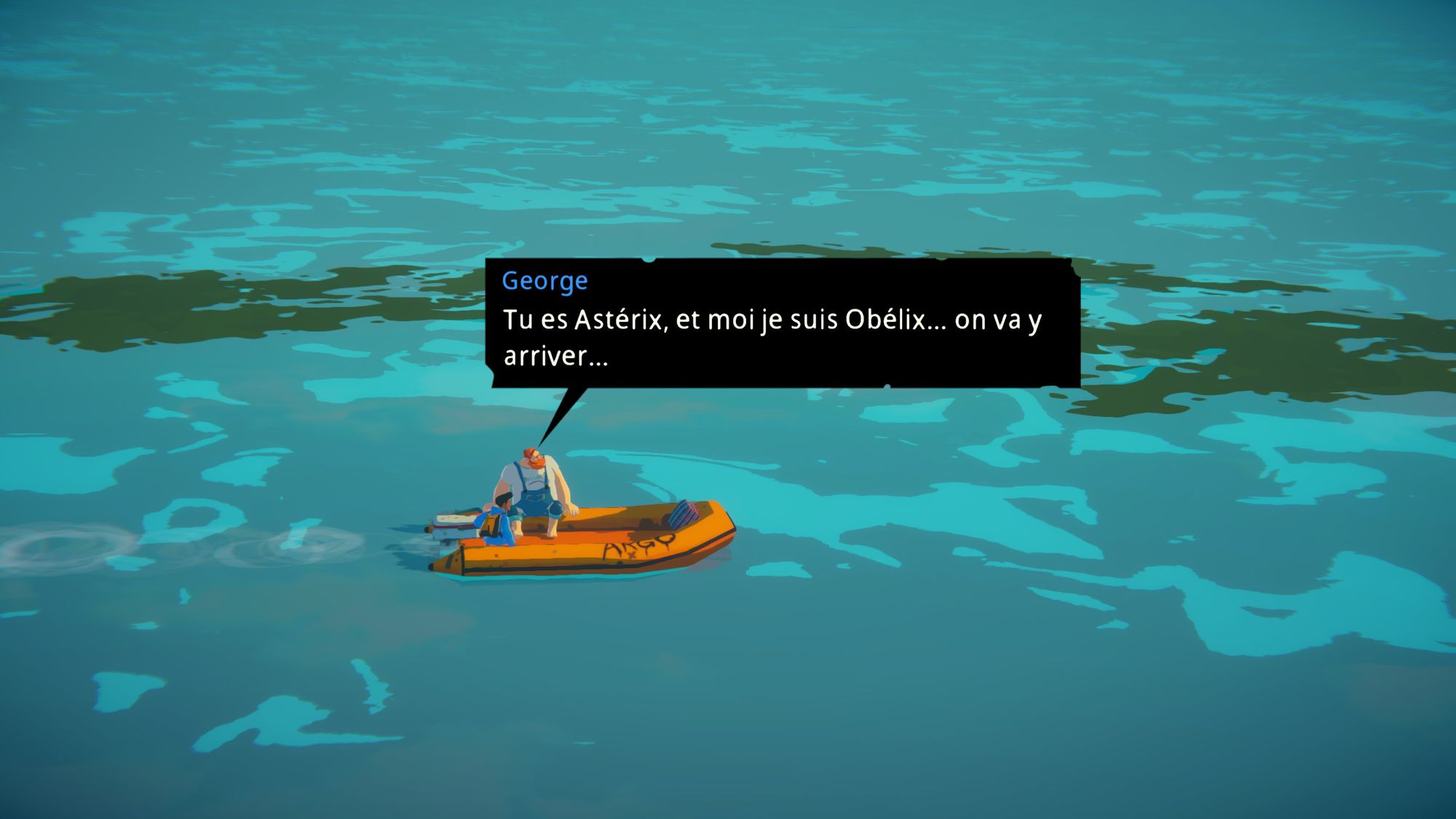 Un personnage se compare à Oblémix penddant un voyage en bateau sur des eaux polluées