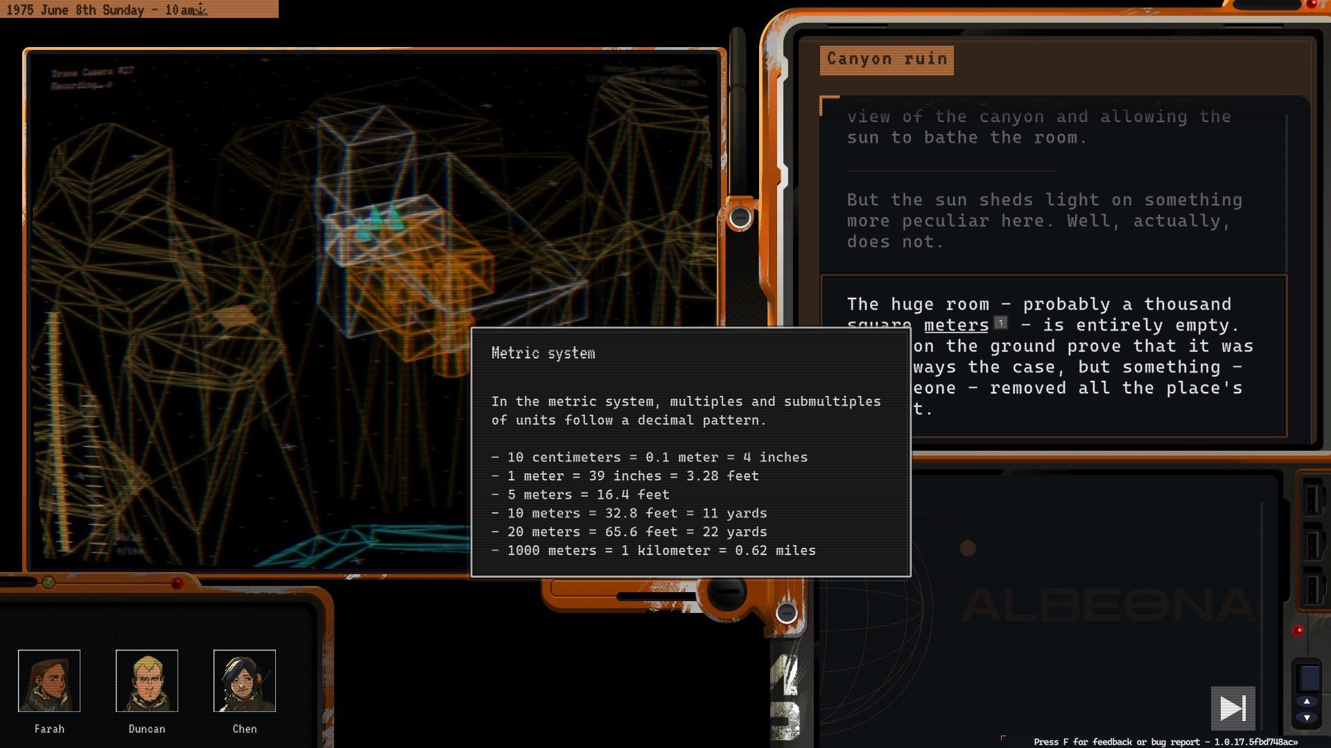 Capture d'écran du jeu Neoproxima avec une infobulle qui explique le système métrique