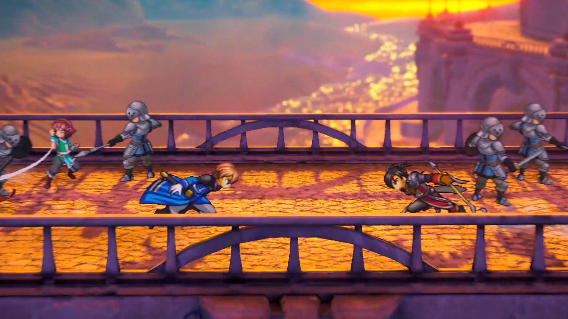 Sur un pont, deux personnages antagonistes en pixel art se foncent dessus