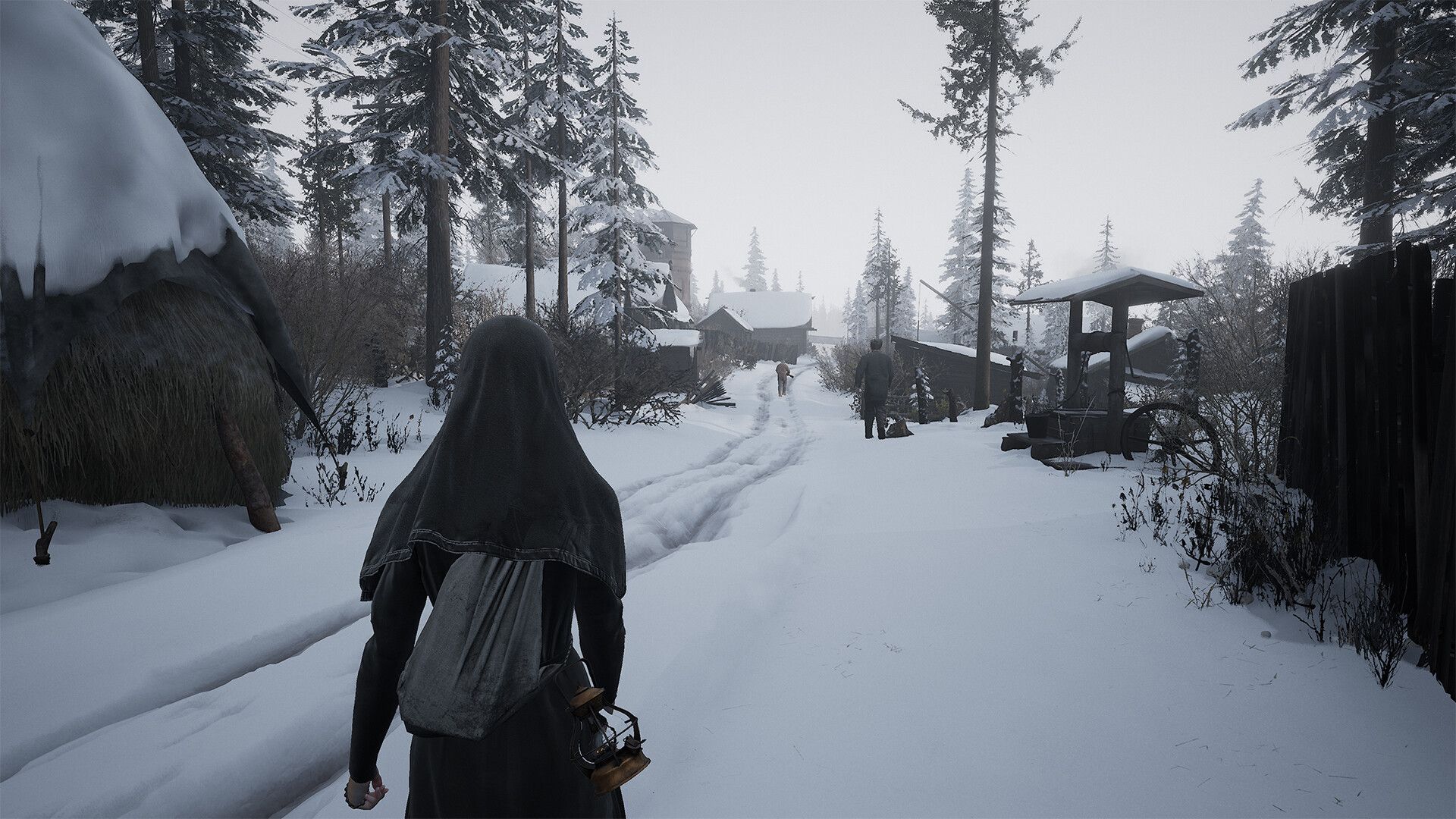 Une nonne marchant de dos dans la neige