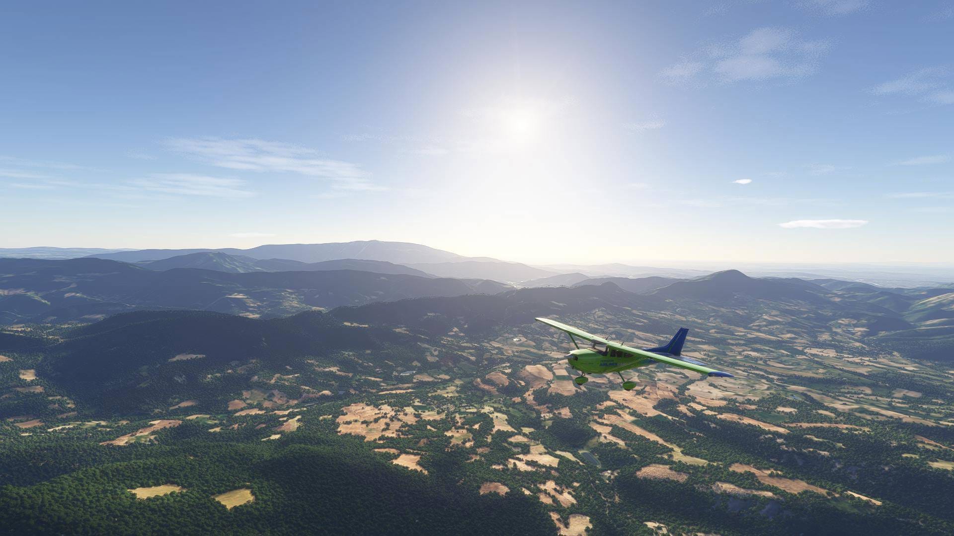 Capture d'écran de Microsoft Flight Simulator 2024 montrant mon avion survoler la campagne