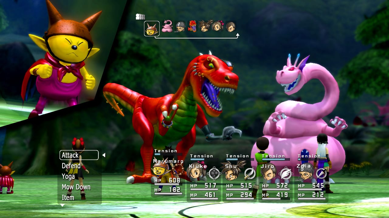 Screenshot du jeu Blue Dragon, réalisé par Mistwalker en 2006. Des personnages combattent un T-Rex et un Dragon qui ressemble à un caca enroulé sur lui-même.