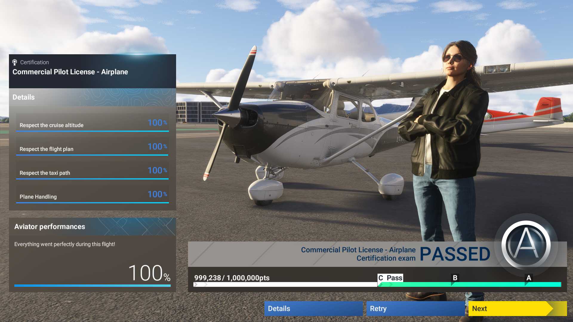 Capture d'écran de Microsoft Fight Simulator 2024 montrant mon personnage et les stats de sa certification