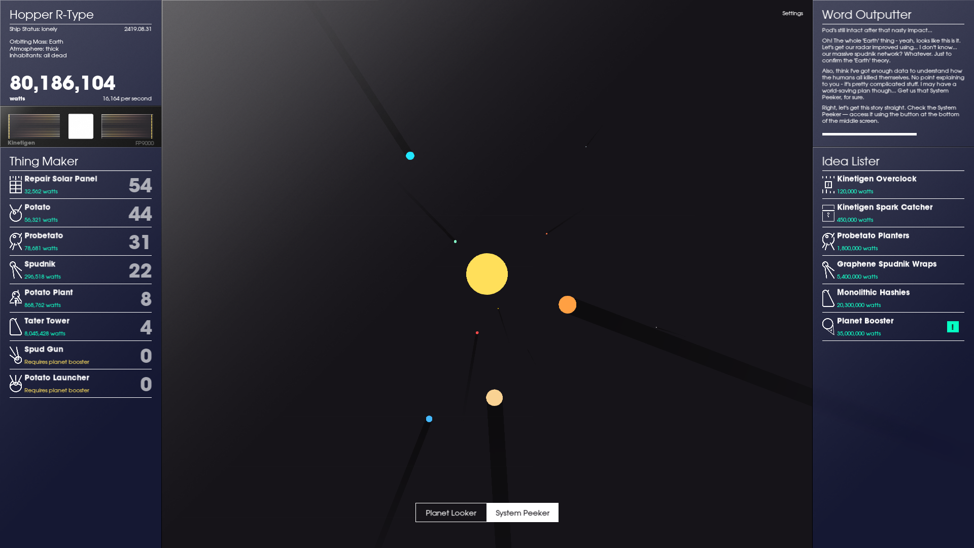 Capture d'écran de Spaceplan montrant une version simplifiée du système solaire