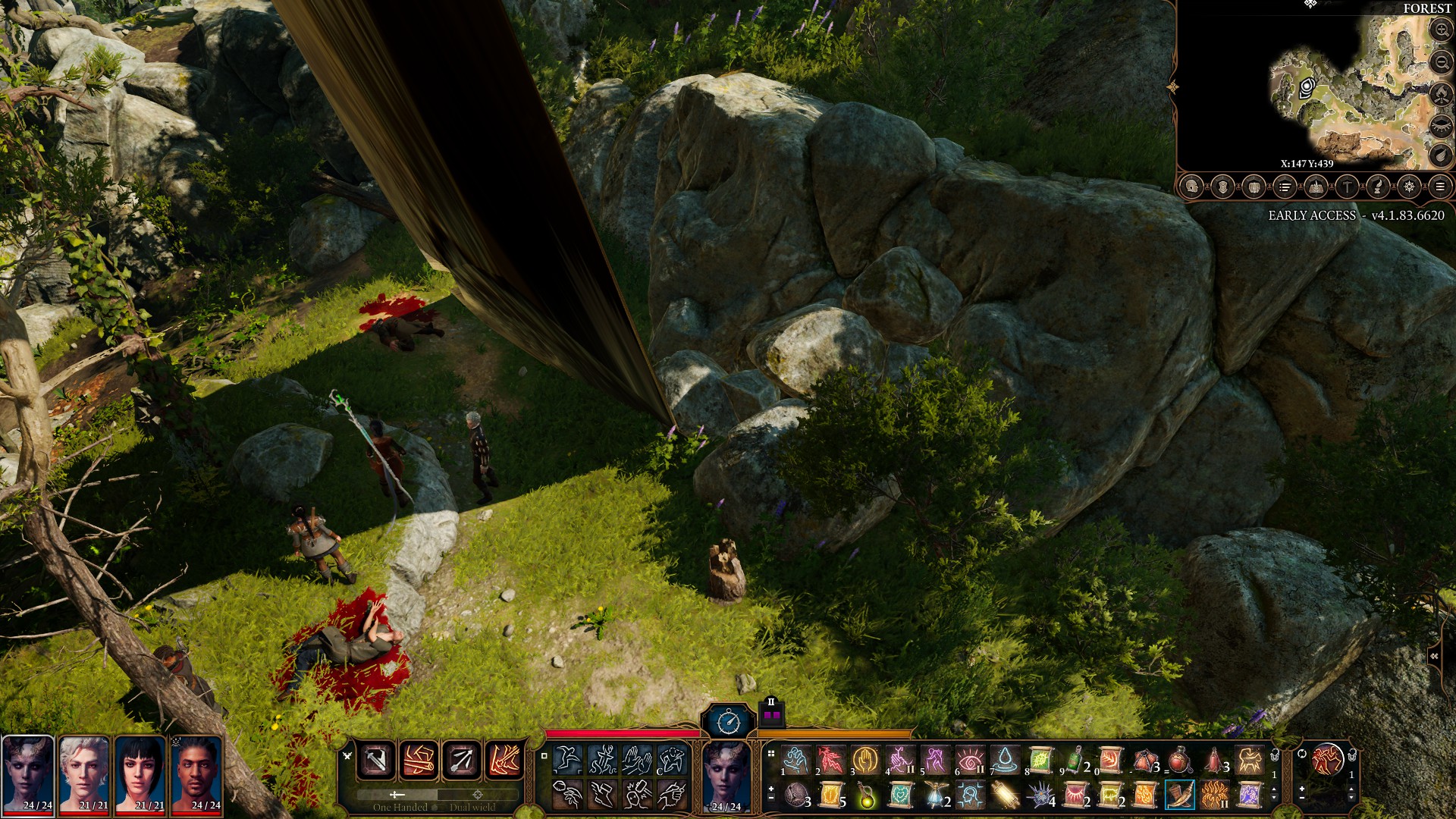 Zone de combat de Baldur's Gate 3, avec le groupe du personnage joueur et un bug de texture du sol.