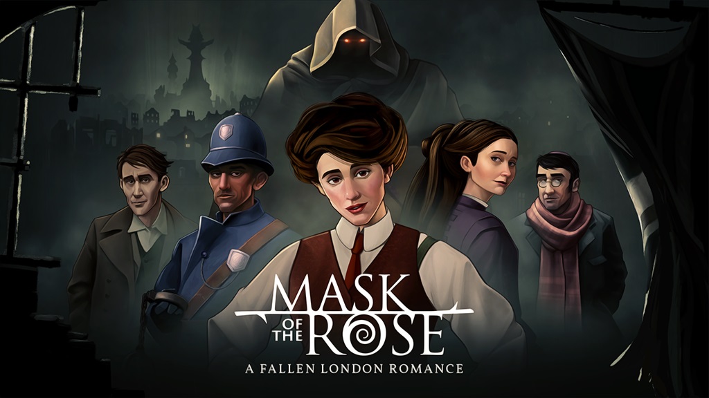 Image de lancement de Mask of the Rose, mettant en avant cinq personnages du jeu