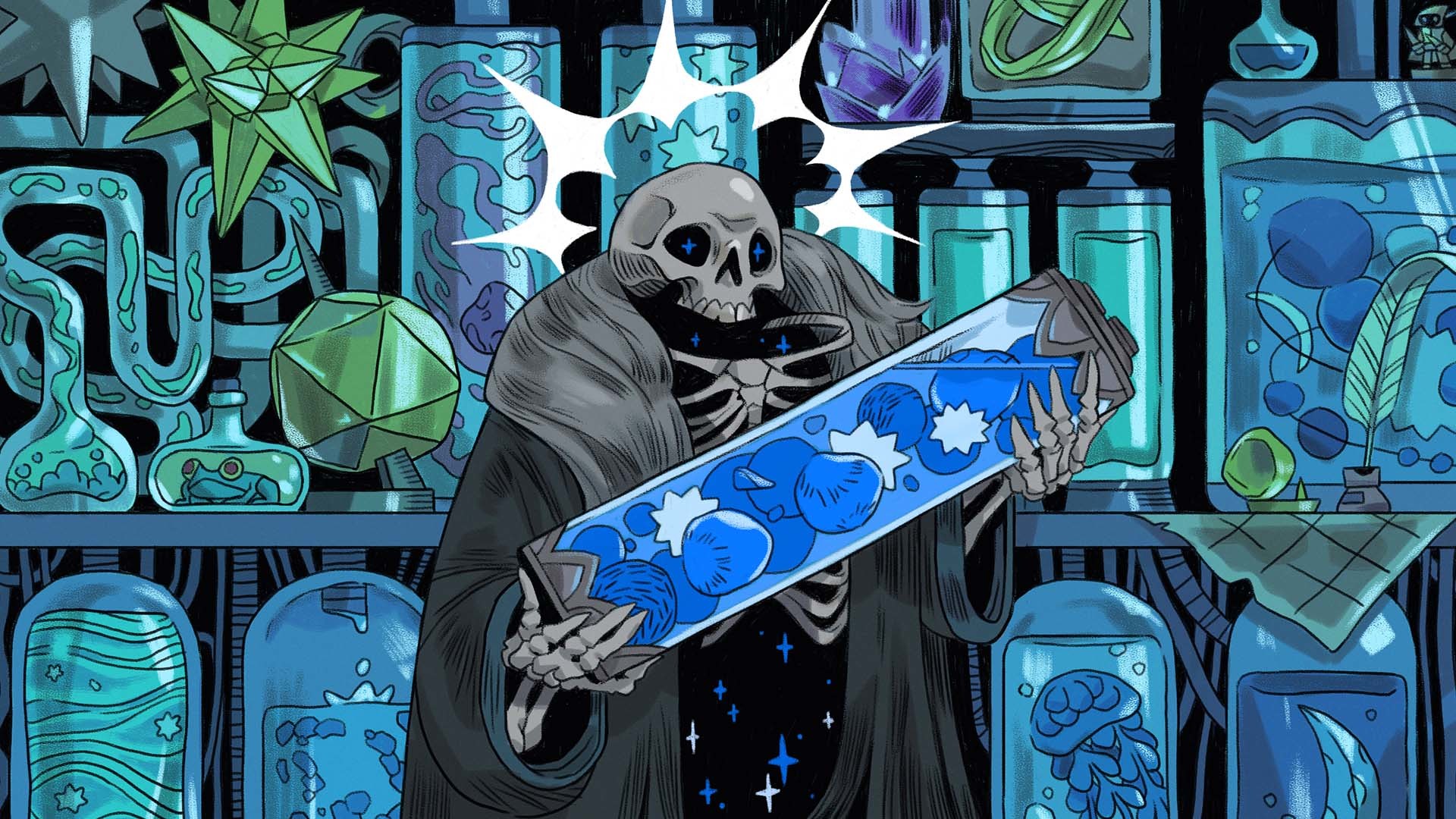 Artwork de Loop Hero, représentant un squelette entouré de fioles et de bocaux.