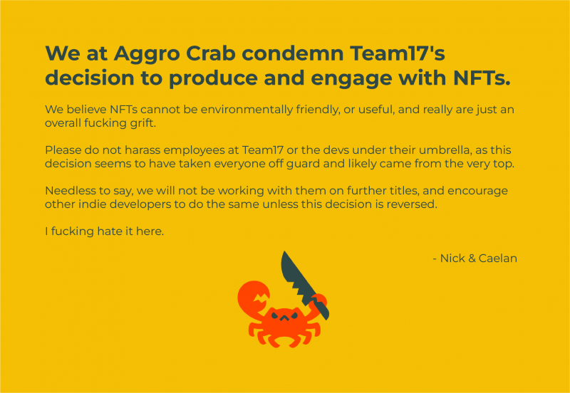 Communiqué d'Aggro Crab condamnant la décision de Team17 de se lancer dans les NFT